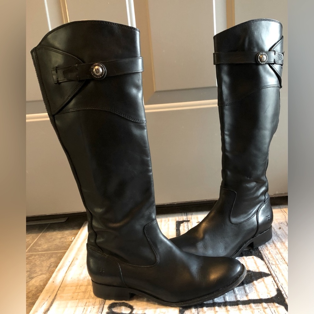 Frye knee high black leather boots 8